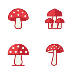Obraz premium Red and white spotted mushroom illustration, Amanita muscaria fly agaric fungus icon isolated on white background, stylized vector graphic of a toadstool with white dots and thick stalk.