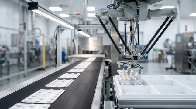 Automated robotic arm packaging pharmaceutical pills in a clean factory