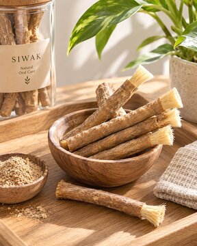 Natural Siwak Sticks in Wooden Bowl and Glass Jar for Dental Care