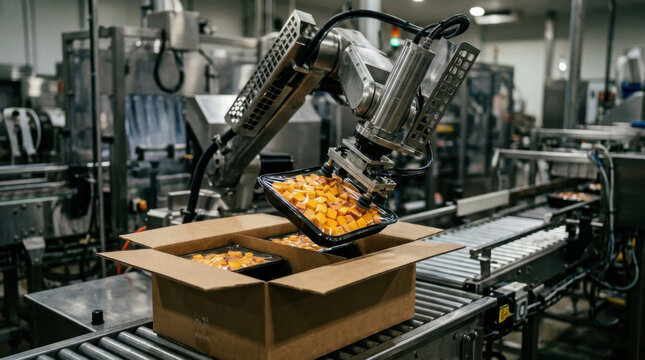 Automated robotic arm packing food trays in a modern factory