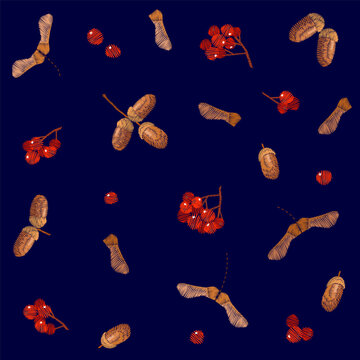 Autumn forest elements seamless pattern. Acorns, rowan berries, maple seeds embroidery design. Fashion clothing patches stickers print. Dark blue background hand-stitched vector art.