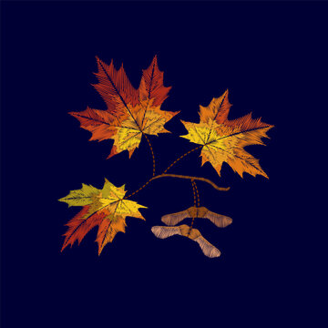 Autumn maple leaves and seeds embroidery design. Fall foliage needlework stitch style. Fashion clothing patches stickers print. Dark blue background hand-stitched vector art.