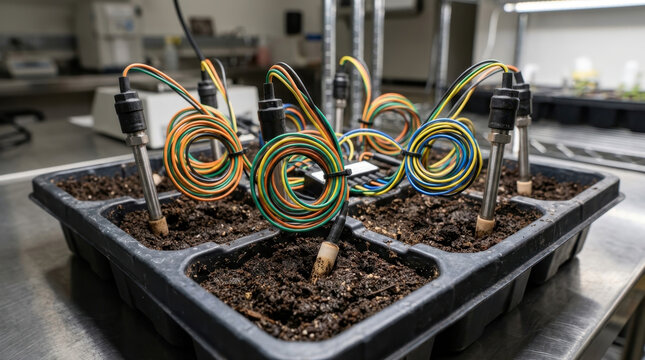 Soil sensors and electronic probes monitoring growth in a laboratory