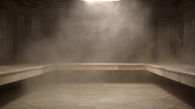 humidity. Interior of a traditional bath with steam rising between wet marble benches. lifestyle magazines, social media lookbooks, designed for lifestyle magazines and social media content.