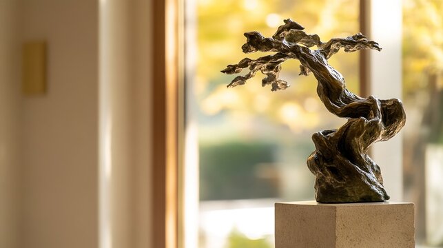 steadiness. A symbolic tree sculpture with intertwining roots and branches on a stone pedestal. gardening catalogs, home-decor guides, designed for home decor and floral branding, celebrates nature.