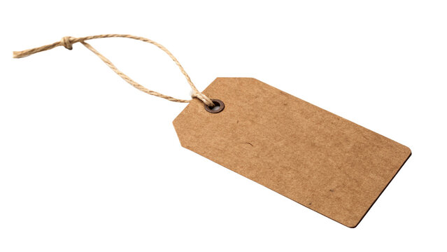 Blank brown cardboard gift price tag with string isolated on transparent background.