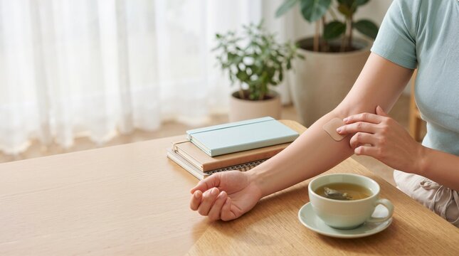 Woman applying contraceptive patch on arm at home. Transdermal hormone therapy and family planning concept. Reproductive healthcare and birth control routine