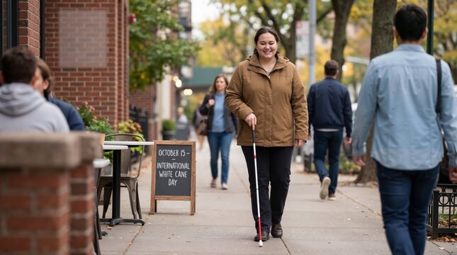 Visually impaired woman walking with white cane on city sidewalk. International White Cane Day sign on street. Blind pedestrian navigation and accessibility concept