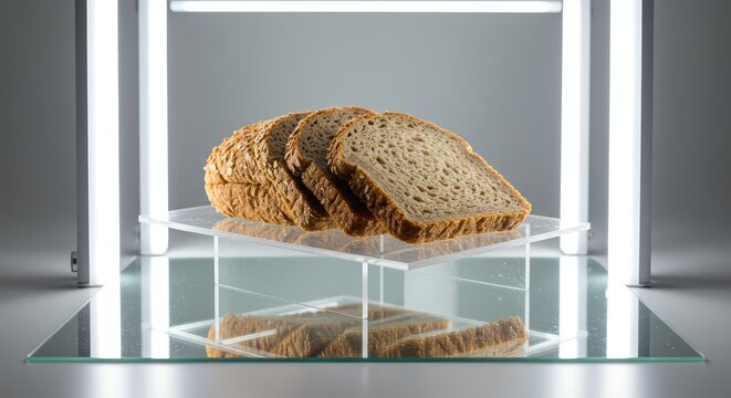 Minimalist sliced bread loaf displayed on transparent glass stand with modern lighting