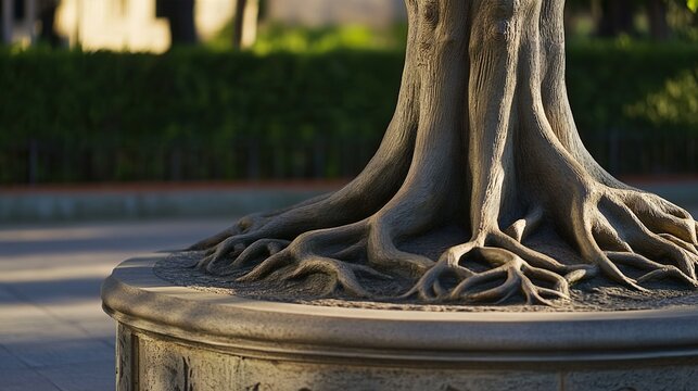 steadiness. A symbolic tree sculpture with intertwining roots and branches on a stone pedestal. gardening catalogs, home-decor guides, designed for home decor and floral branding, celebrates nature.