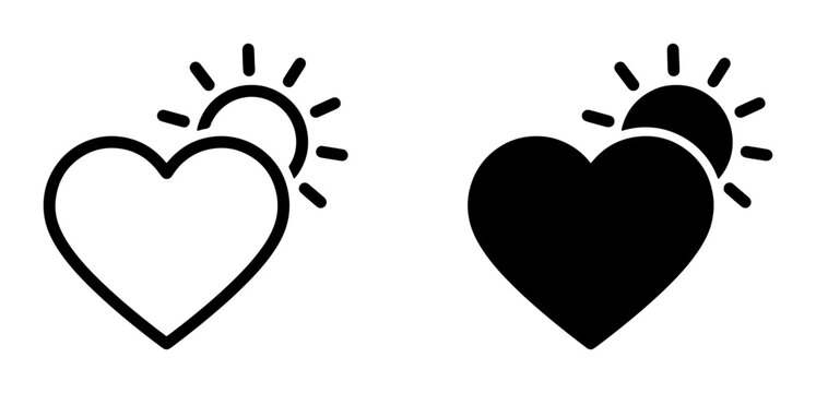 Heart and Sun Icons, Love and Warmth Symbolism, Outline and Solid Vector Graphics for Positive Emotions and Wellbeing