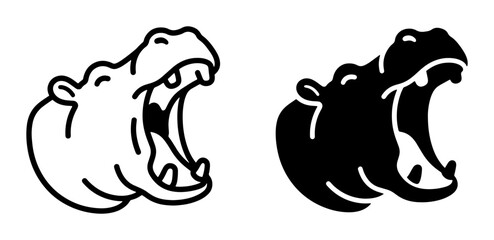 Obraz premium Hippopotamus Head Icons, Open Mouth Vector Art, Black and White Animal Graphics for Wildlife and Safari Themes