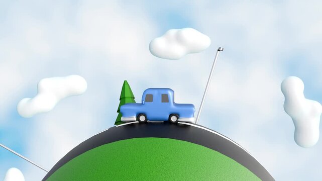 A 3d stylized blue cartoon car drives continuously along a curving road wrapping around a tiny rotating green planet under a cloudy blue sky.
