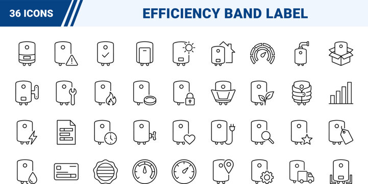 Water Heater Efficiency Band Label Web Icon Set in Linear Style. Collection of heating equipment, energy rating, eco labels, appliance testing, power savings, thermal efficiency.