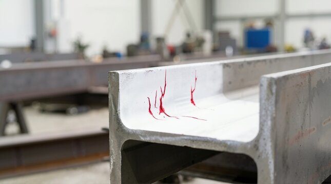 Liquid penetrant testing showing cracks in structural steel beam. Non destructive testing and industrial inspection concept