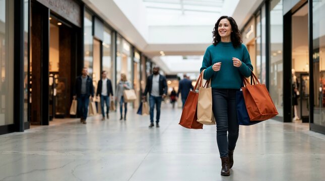 Smiling woman carrying shopping bags in a mall corridor. Happy female customer walking through a retail shopping center. Black Friday consumer spending concept