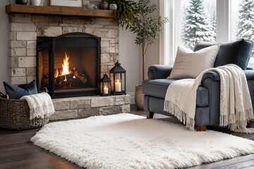 Obraz premium Lit fireplace in a rustic winter living room with armchair and fluffy rug. Warm interior featuring snow covered pine trees outside the window