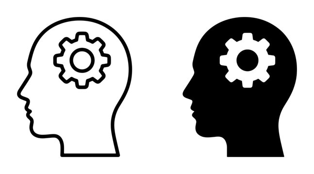 Human Head Silhouette with Gear Cog Inside, Brainstorming Concept Icons, Vector Set for Thinking and Ideas