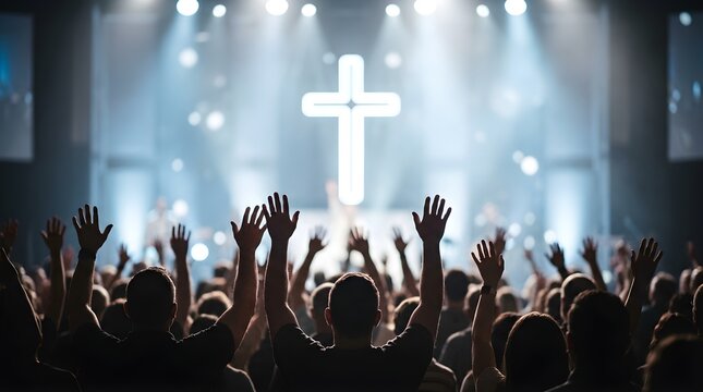 Christian worship concert with glowing cross, crowd raising hands in praise, modern church service with stage lighting and spiritual atmosphere