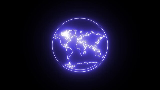 Neon glowing map outline rotating earth globe digital technology background