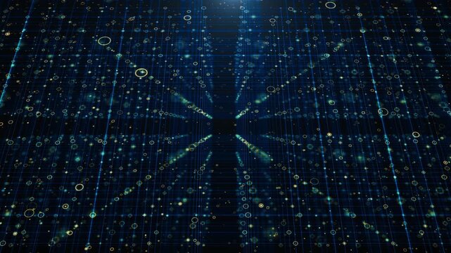 Complex digital grid features blue lines, glowing circular points information structures, futuristic for network monitoring, statistics, computing systems, telemetry technical data visualization.