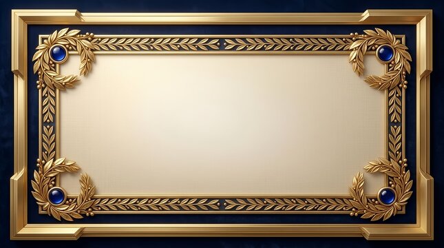 Ornate gold rectangular frame with blue sapphire gemstones and laurel leaves on a textured paper background