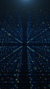 Abstract blue technology grid contains glowing lines, circular nodes network connections, detailed data visualization background AI analytics, computing, software, communication digital infrastructure