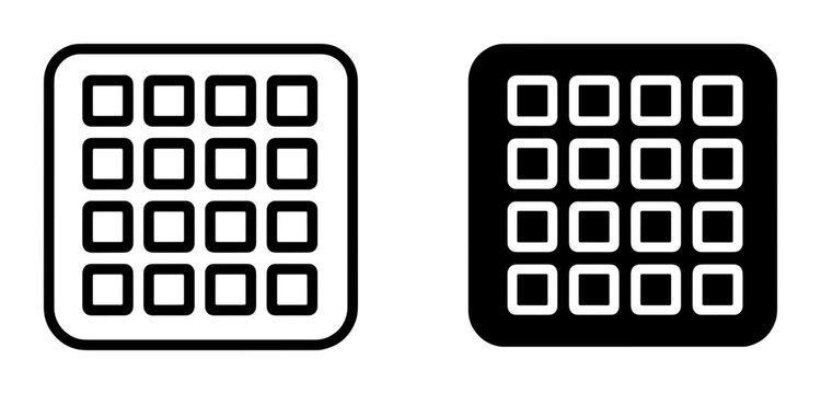 Grid Icons Set, 2x 4x4 Square Layouts, Outline and Solid Black, UI Elements for Apps and Websites