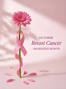 Breast cancer awareness month poster with pink ribbon, gerbera daisy flower on pastel background, October health campaign concept