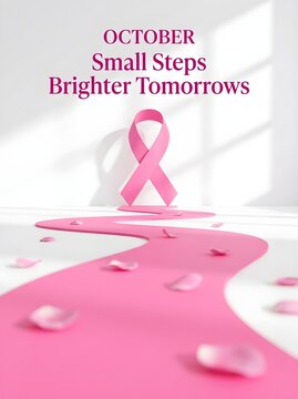 Breast cancer awareness month poster with pink ribbon, October small steps brighter tomorrows quote, pink path with rose petals on white background