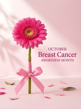 Breast cancer awareness month poster with pink gerbera daisy, october health campaign banner, floral ribbon decoration on pastel background