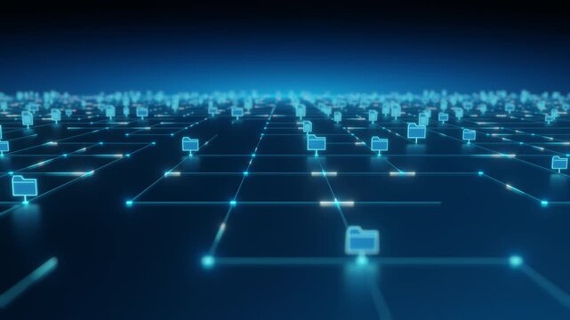 Glowing digital documents and folder icons mapped across a network grid representing data connectivity and information flow.