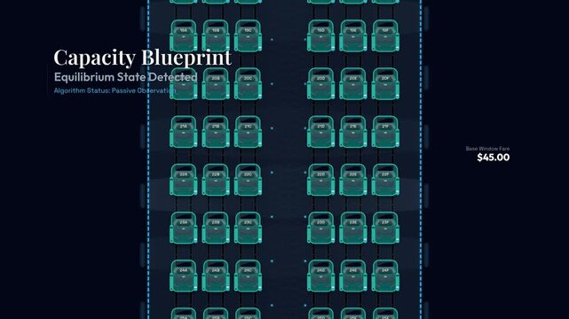 Animation of an airplane seating chart demonstrating airline dynamic pricing algorithms adjusting seat fares in real-time based on capacity blueprint, demand surges, and dynamic yield adjustments