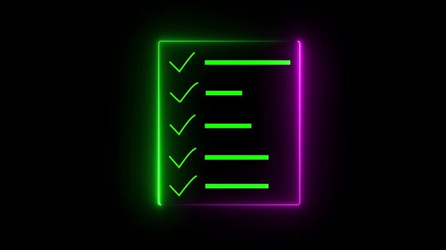 A neon line drawing depicts a checklist with five check marks indicating completed tasks. document clipboard icon- 4k glowing black background icon animation