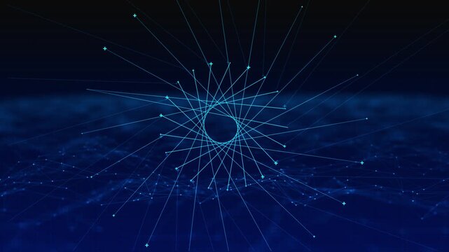 Glowing blue data connections radiate central network structure over futuristic digital landscape, advanced technology visual neural systems, sensors, communication, computing intelligent automation.