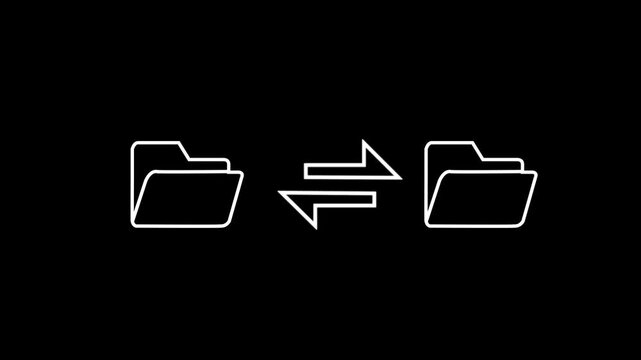 Line icon animation showing bidirectional file synchronization between two folders. Perfect for data exchange themes.4k motion