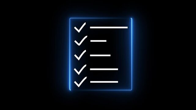 A neon line drawing depicts a checklist with five check marks indicating completed tasks. document clipboard icon- 4k glowing black background icon animation