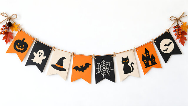Minimalist Halloween bunting banner with pumpkin, ghost, witch hat, bat, spiderweb, black cat and haunted house decorations on orange, black and cream flags against a white background, festive autumn 