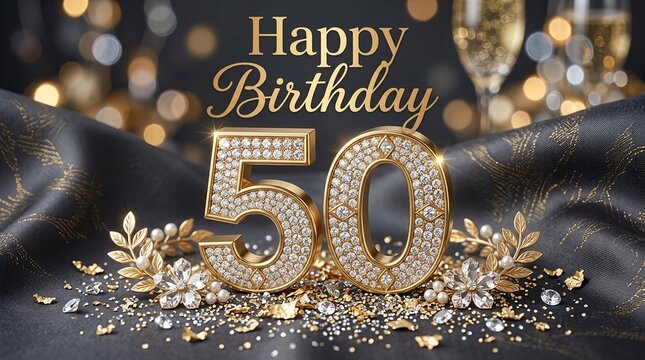 Happy birthday fiftieth anniversary golden number fifty decorated with sparkling diamonds and elegant dark silk fabric
