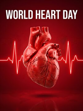 World Heart Day medical poster, realistic human heart organ on red background, anatomical heart with glowing pulse line for cardiology awareness
