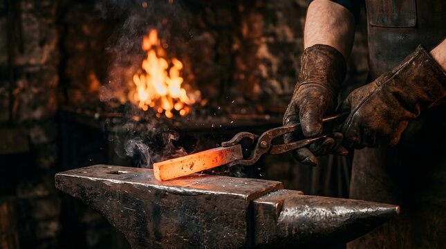 Blacksmith forging glowing hot metal on anvil, traditional metalworking in dark forge, craftsman hands using tongs with red hot iron bar