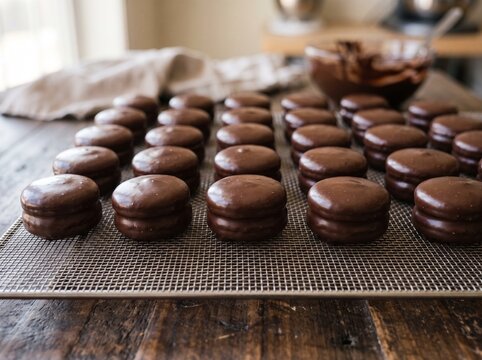 fresh macarons melted chocolate rows metal mesh appetizing  
