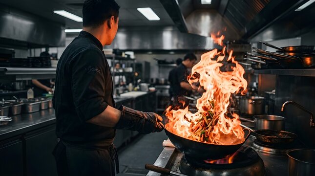 Professional chef cooking with fire in commercial kitchen, dramatic flame in wok pan, cinematic restaurant kitchen interior with culinary staff