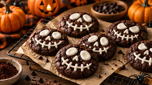 Chocolate Halloween cookies decorated with playful skull faces on parchment paper and cooling rack surrounded by pumpkins, cocoa, chocolate chips and seasonal autumn decorations, cozy food photography
