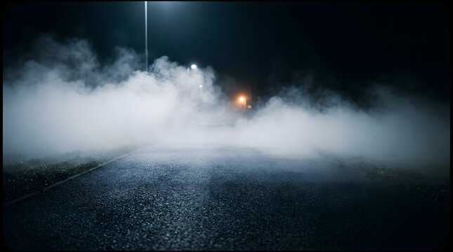 Cinematic fog on dark asphalt road at night, mysterious thick smoke over empty street, moody urban atmosphere with street lights
