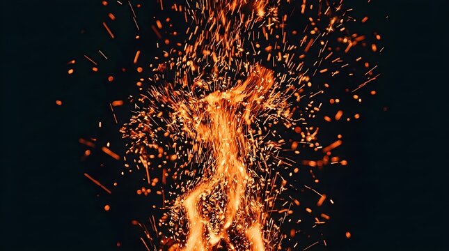Fiery orange sparks and glowing embers flying in the air, dynamic fire particles on black background, intense heat and flame energy texture