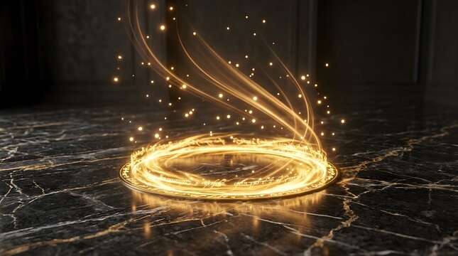 Golden magic portal on black marble floor, glowing light trails and sparkles, mystical energy circle with shimmering particles and ethereal swirls