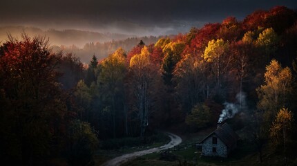 Fototapeta premium Rural cottage nestled in autumn forest with winding mountain road