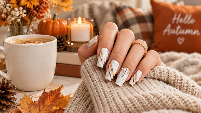 Elegant Marble Nail Art with Gold Accents and Rhinestones in Cozy Autumn Setting