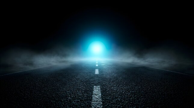 Cinematic asphalt road at night with glowing blue light, mysterious highway landscape with fog and smoke, dark empty street background for car advertising